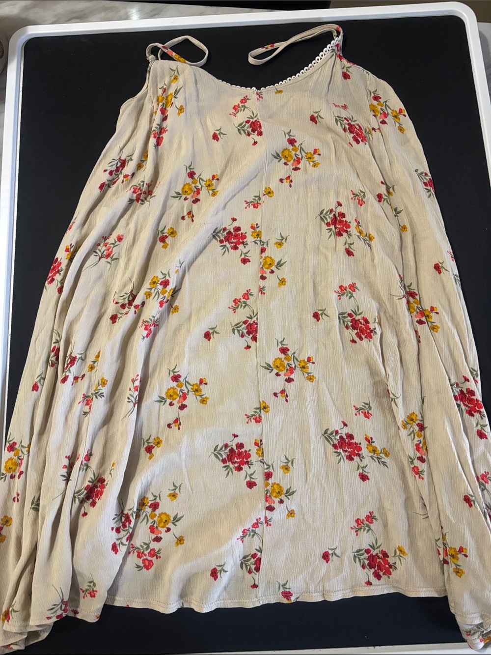 Women's Cream Floral Mini Dress with Red & Yellow Blossoms